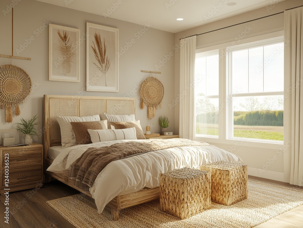 Fototapeta premium Serene Bohemian Bedroom Design with Natural Decor