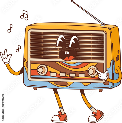 Cartoon retro groovy radio receiver character. Isolated vector vintage technology personage with nostalgic 60s vibes. Funky accessory exuding upbeat energy. Gleeful old radio with smile and antennae