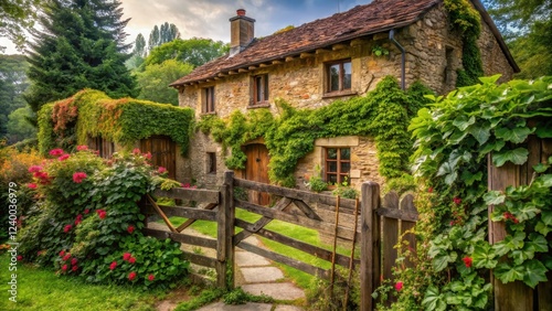 A wooden fence encircles a rustic countryside house with overgrown gardens and vines covering the stone walls