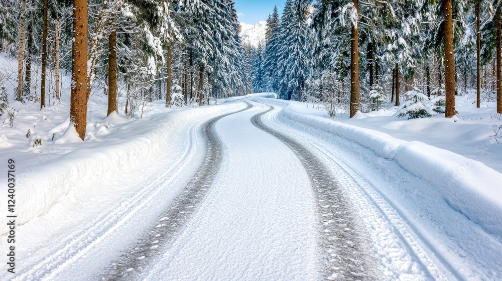 Winding snow-covered road through winter forest (1) Winding snow-covered road through winter forest (1)