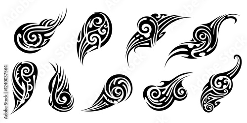 Maori tattoo, black tribal ornaments featuring abstract curved shapes, swirls and sharp points. Vector set of motifs inspired by traditional tattoo art, emphasizing dynamic movement and bold contrasts