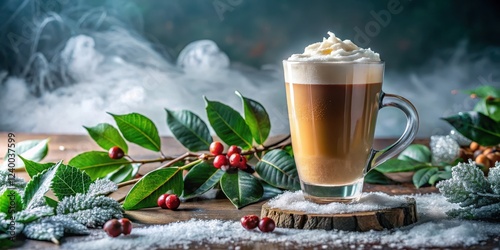 A frosty coffee glass filled with iced coffee and topped with a layer of foam, surrounded by wintergreen leaves and frosty mist , cozy scene, refreshing drink