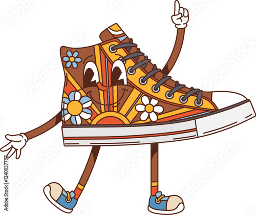 Cartoon retro groovy sneaker character. Isolated vector cheerful hippie y2k teenager shoe personage with funny pattern, funky vintage footwear boot with quirky face expression, symbol of youth culture