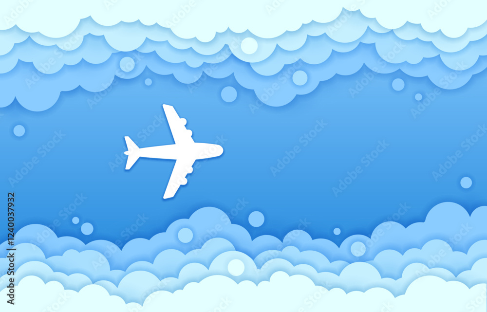 Naklejka premium Top view of paper cut plane in sky clouds. Vector papercut airplane flying in clear blue sky surrounded by white 3d cloudy frame conveys sense of travel, adventure, aviation and and air transportation