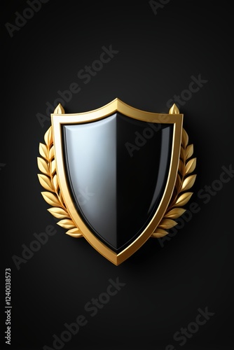 a close up of a black shield with gold laurels on a black background