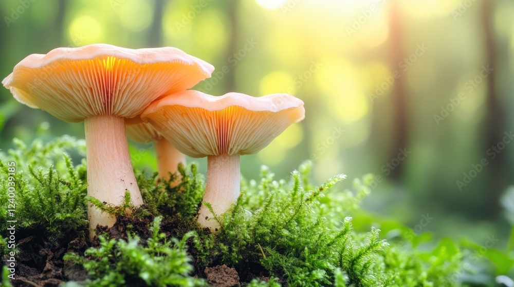 Peach mushrooms forest moss sunlight nature background Peach mushrooms forest moss sunlight nature background