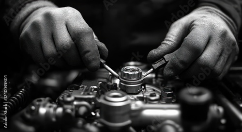 Hands Working on Car Engine in Garage High Contrast Black and White Photography