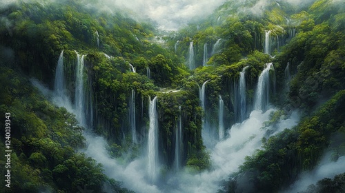 Rainforest aerial photo with vibrant layers of greenery and misty waterfalls cascading below