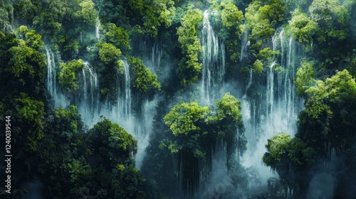 Rainforest aerial photo with vibrant layers of greenery and misty waterfalls cascading below