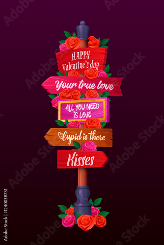 Valentine day party sign board or holiday signage with direction arrows, vector poster. Happy Valentine Day signboard with greetings, love quotes and cupid or kisses directions in roses flowers