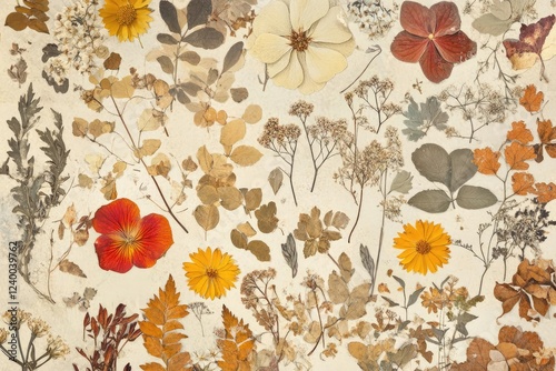 Wallpaper Mural vintage botanical illustration collage pressed flowers and leaves in muted earth tones Torontodigital.ca