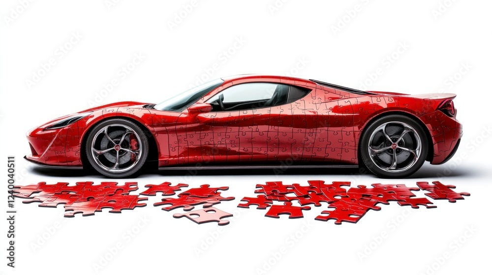 Obraz premium Jigsaw puzzle of a sleek red supercar isolated background digital art modern aesthetics side view automotive concept