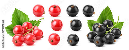 Realistic red and black currant berry with glossy skin and vibrant green leaves, showcasing freshness. 3d vector set of fruits for healthy eating, gardening, or culinary uses such as jams and desserts