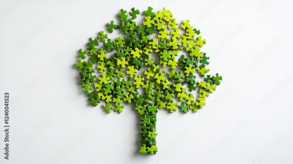 Fototapeta premium Vibrant green tree-shaped jigsaw puzzle artistic display indoor environment creative concept