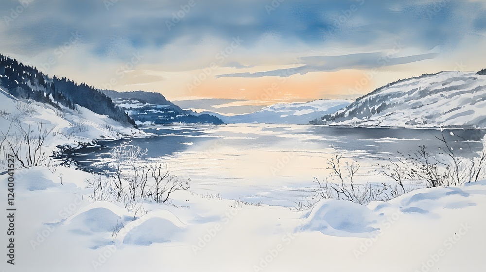 Serene Winter Landscape at Sunset Over Snow Covered Mountains Serene Winter Landscape at Sunset Over Snow Covered Mountains