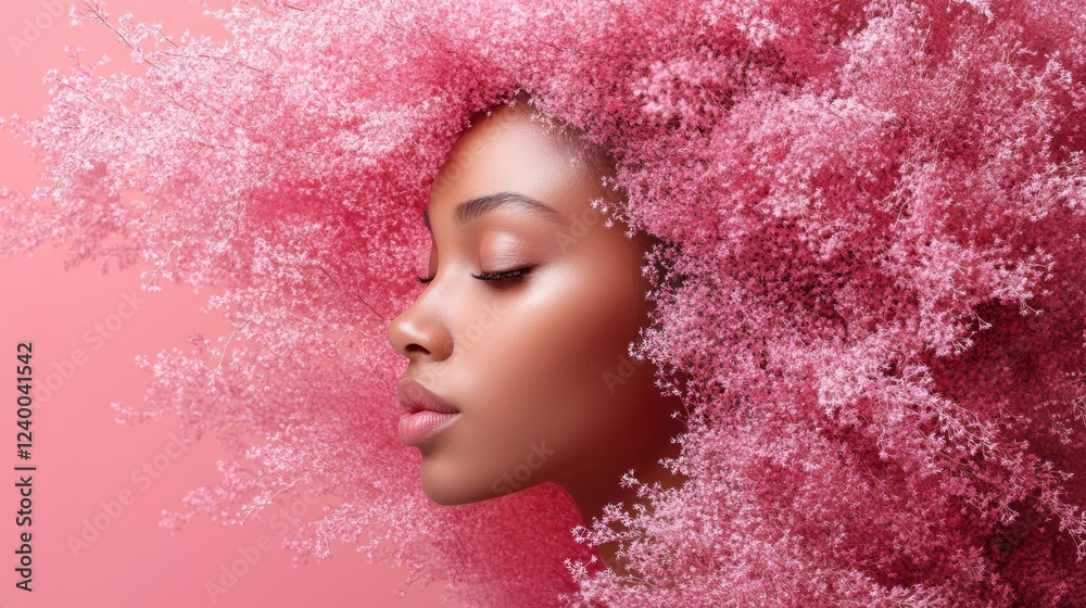 Pink floral hair, serene woman, studio, beauty Pink floral hair, serene woman, studio, beauty