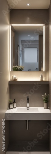 Modern minimalist bathroom vanity with illuminated mirror and subtle decor