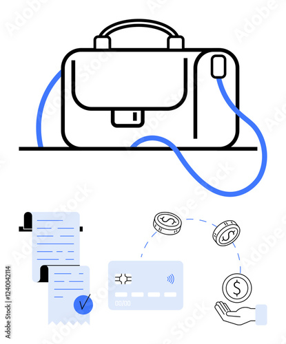 Business briefcase connected with blue line to financial transactions including receipts, credit card, coins, and handshake. Ideal for finance, banking, business, transactions, digital payments