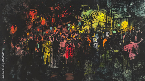 Capture the chaotic scene of a satirical street performance from a high angle at dusk, emphasizing the contrast between the colorful performers and the dimly lit surroundings in detailed pen and ink i