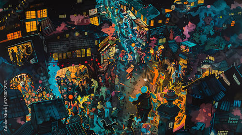 Capture the chaotic scene of a satirical street performance from a high angle at dusk, emphasizing the contrast between the colorful performers and the dimly lit surroundings in detailed pen and ink i photo