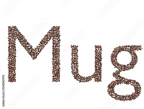 3D Render of the Word 'Mug' Crafted from Coffee Beans on Transparent Background
