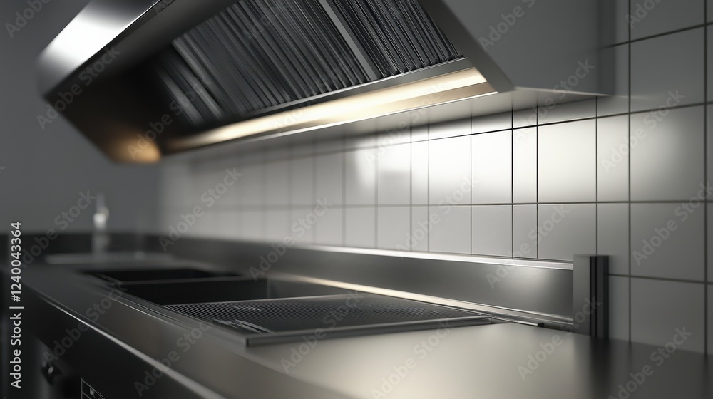 Obraz premium Close up large stainless steel stove in kitchen room with chimney on top