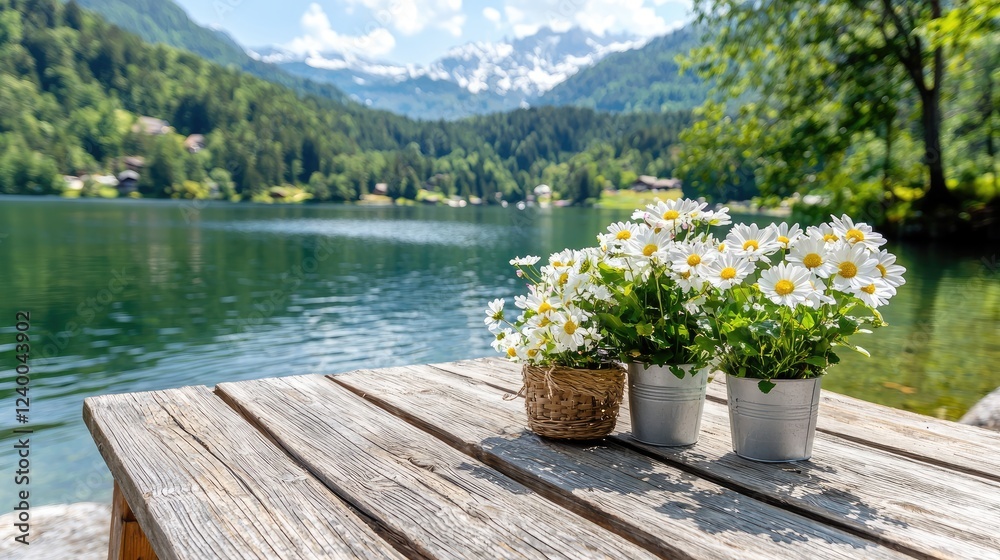 Lakeside daisies, alpine view, summer calm Lakeside daisies, alpine view, summer calm