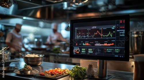 Restaurant kitchen with digital display showing data and graphs of a busy restaurant with chefs working in the background photo