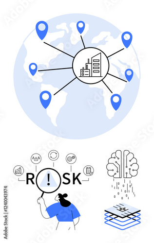 Map with global nodes, magnifying glass over risk icon, AI brain processing data, layers of digital visualization. Ideal for risk analysis, business strategy, AI, decision-making, global networks