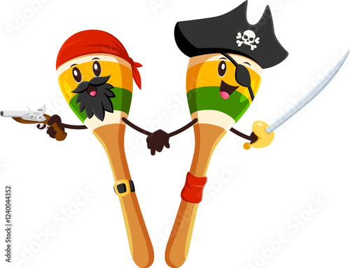 Cartoon maracas musical instrument pirate and corsair character. Isolated vector two rover personages wearing sailor bandana and cocked hat, eyepatch, gun and sword blending music with nautical vibe
