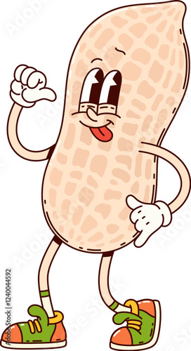 Cartoon groovy peanut nut character is smiling and showcasing a friendly and happy expression with sticking tongue. Isolated vector cheerful peanut pod with expressive eyes, gloves and retro sneakers