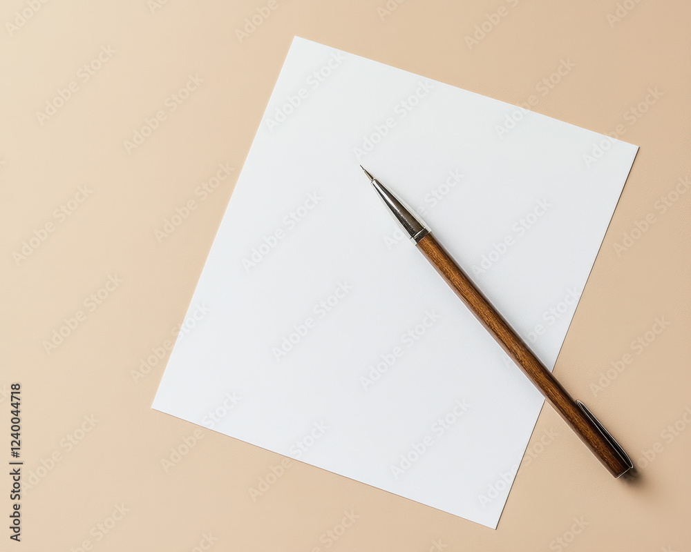 Wooden Pen and Blank Paper on Beige Background - Minimalist Stationery Photography for Business and Productivity Concepts Wooden Pen and Blank Paper on Beige Background - Minimalist Stationery Photography for Business and Productivity Concepts