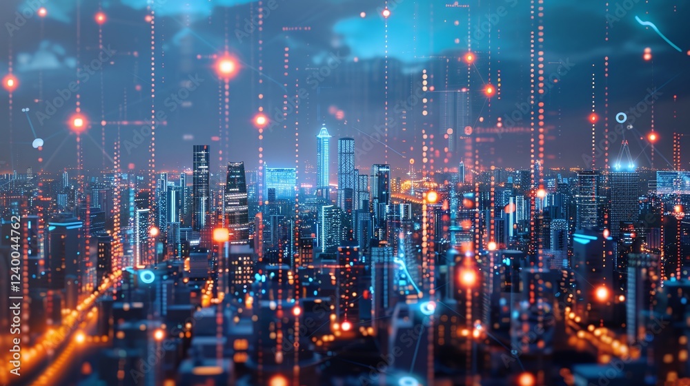 Fototapeta premium Futuristic and modern cityscape skyline at night with glowing skyscrapers illuminated infrastructure and transportation network reflecting in the waters below