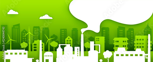 Paper cut eco factory or ecological plant. 3d vector sustainable cityscape with wind turbines, city buildings and trees in green and white colors. Renewable energy, environmental urban development