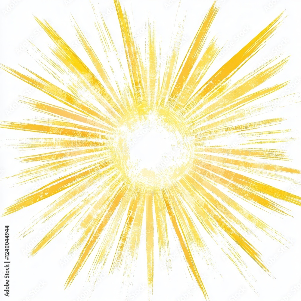 Vibrant sunburst design, bold yellow hues radiating energy, ideal for digital projects, seamless integration on any background