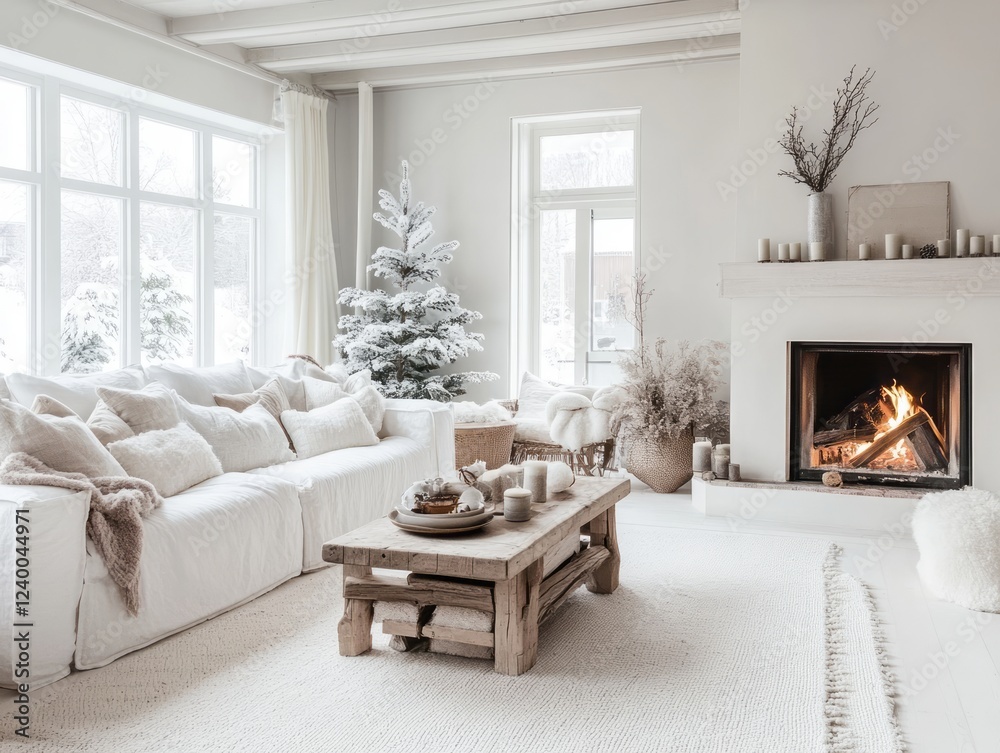Fototapeta premium Cozy Winter Living Room Decor With Fireplace And Snow Tree
