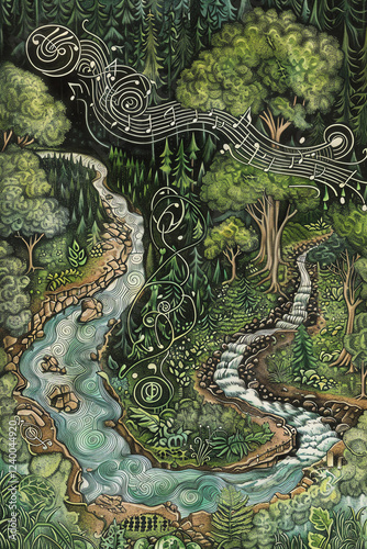 Craft a whimsical aerial landscape with lush greenery and flowing rivers, framed by ethereal musical notes using detailed pen and ink techniques Embody the serene harmony between nature and melody photo