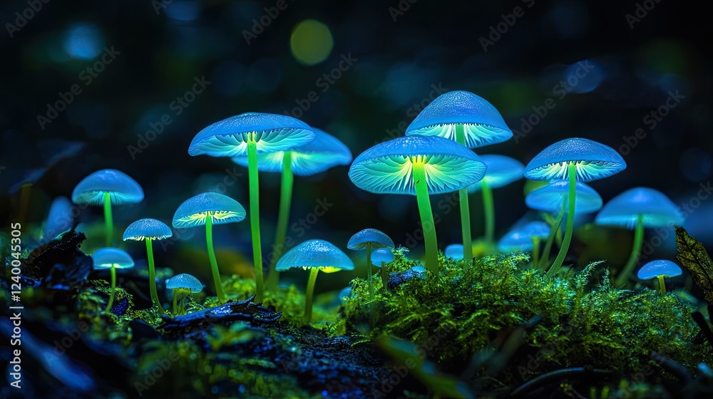 Fototapeta premium Bioluminescent Mushrooms in Dark Forest Setting at Night