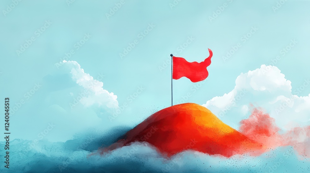 Red Flag on a Hill Surrounded by Blue Sky and Clouds Red Flag on a Hill Surrounded by Blue Sky and Clouds