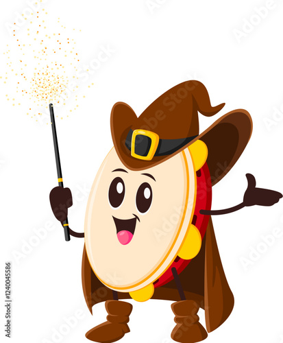 Cartoon tambourine Halloween mage and wizard musical instrument character with a pointed hat, cloak, and boots, holding a magic wand with sparkling effects, blends music and magic in a playful way