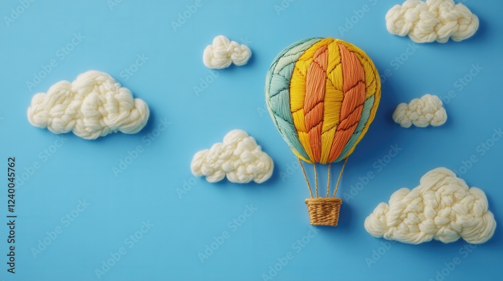 Whimsical Hot Air Balloon Adventure, a playful embroidery design featuring vibrant balloons soaring amidst fluffy clouds and a bright sky