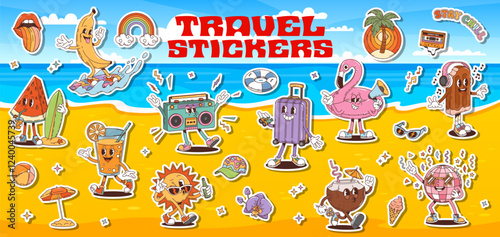 Cartoon groovy travel and summer vacation stickers pack featuring playful characters like a surfing banana, watermelon with surfboard, dancing suitcase, flamingo float on a sunny beach background