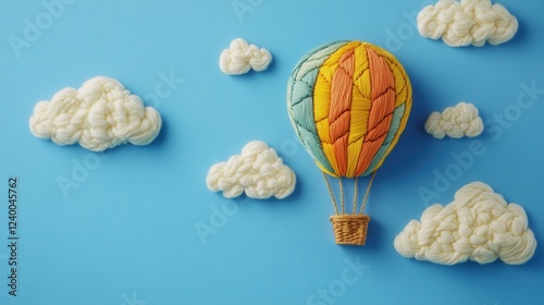 Whimsical Hot Air Balloon Adventure, a playful embroidery design featuring vibrant balloons soaring amidst fluffy clouds and a bright sky
