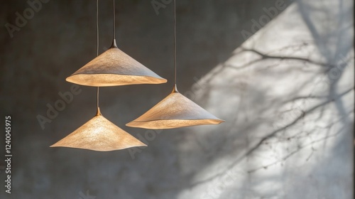 Three Textured Beige Cone Pendant Lamps Hanging Against a Textured Wall