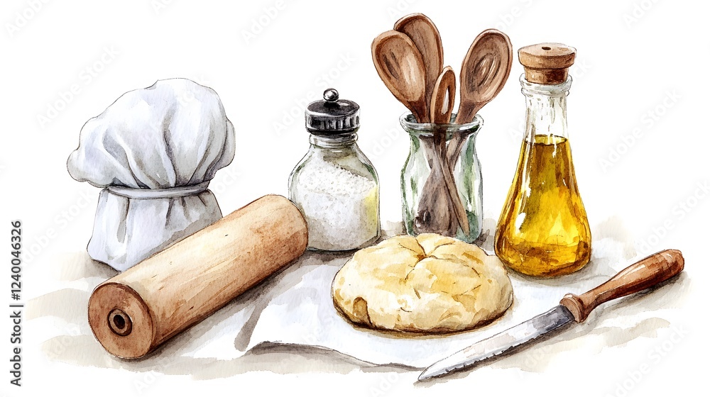 Fototapeta premium Watercolor Painting of Baking Ingredients and Tools