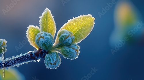 Frosted Green Leaves and Buds on Delicate Branch in Winter Light