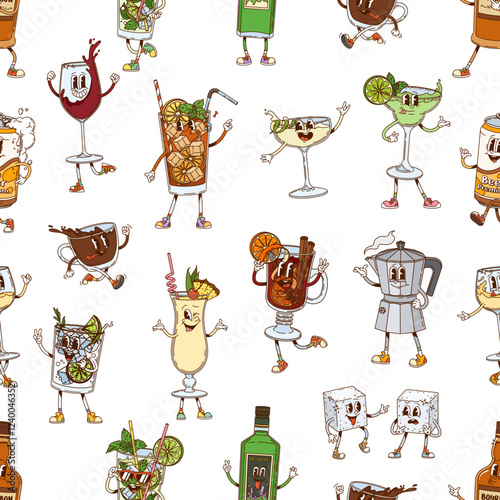 Hippie groovy cocktail drink and beverage characters seamless pattern with cocktails, coffee, tea and wine retro y2k personages. Cartoon vector playful tile includes bottles, ice cubes and garnishes