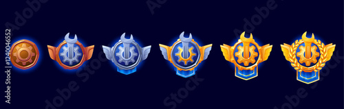 Engineer level medal, game rank badge. Vector progression of mechanical themed achievement trophies featuring gears, wrenches and wings range from bronze to gold symbolizing increasing ranks or levels