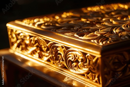 Ornate Golden Wooden Box Detailed Carving photo