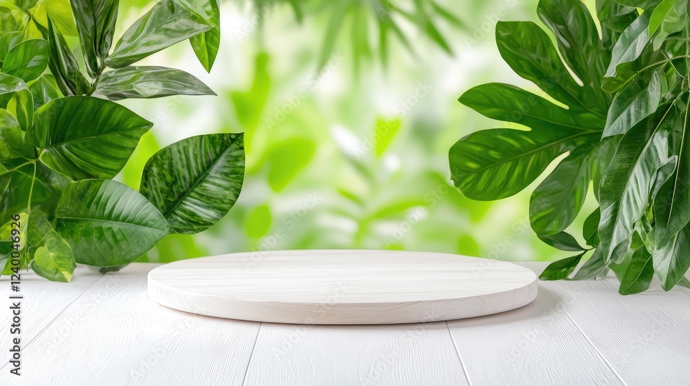 Wooden product display, tropical leaves, nature backdrop, for advertising Wooden product display, tropical leaves, nature backdrop, for advertising